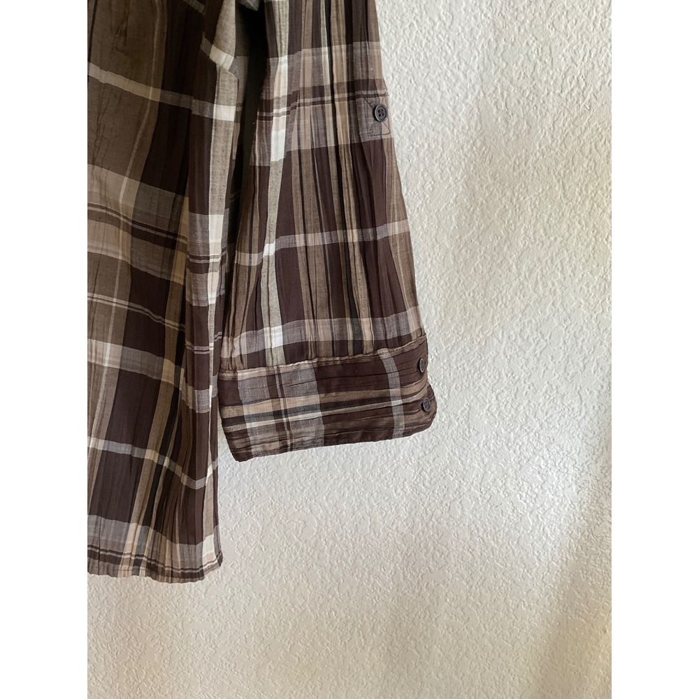 Christopher & Banks Brown Plaid Crinkle 3/4 Roll Tab Sleeve Button Up Shirt XL - Picture 3 of 8